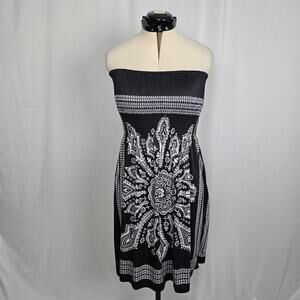 LA Class Boho Shirred Strapless Dress Women's L Black White Knee NWT